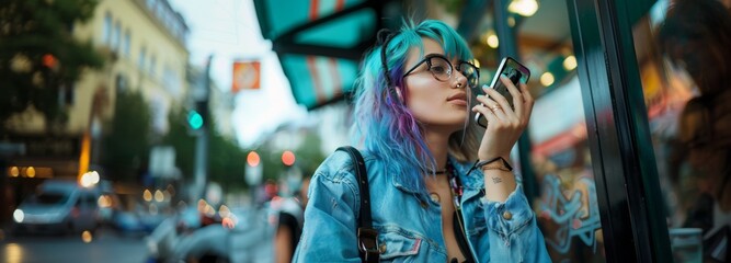 hipster urban girl with mobile phone on the city street sending voice message or recording audio - obrazy, fototapety, plakaty