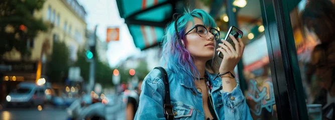 Foto op Canvas hipster urban girl with mobile phone on the city street sending voice message or recording audio © carballo
