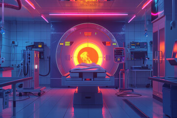 A neon colored hospital room with a bed in the center
