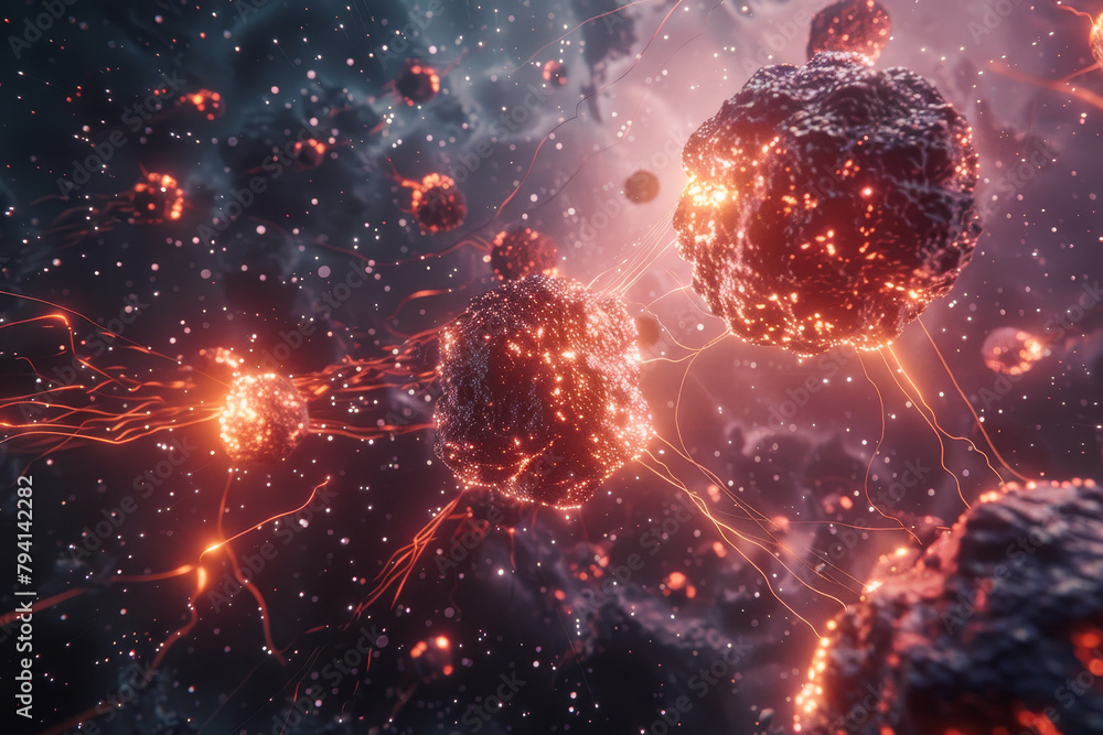 Poster a computer generated image of a space filled with glowing red and orange spheres
