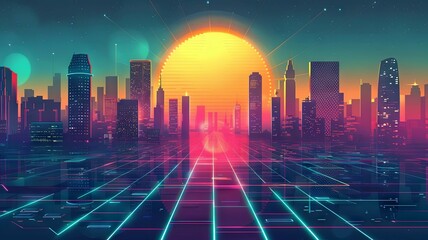 Vibrant Futuristic Cityscape with Neon Lights and Gradient Skies - obrazy, fototapety, plakaty