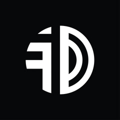 circular monogram logo design that forms the letters "f" and "d". black and white. simple but interesting.