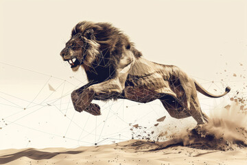 A lion is leaping through the air, with its mouth open and teeth bared - obrazy, fototapety, plakaty