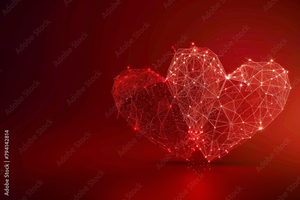 Poster a heart made of lines and dots is on a red background