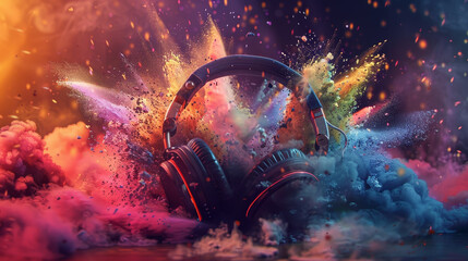 A colorful explosion of confetti and smoke surrounds a pair of headphones