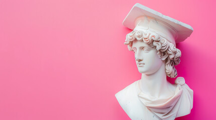 Graduation party invitation. White head bust of David wearing a graduation cap on a pink background. Copy space. mortarboard on white antique head. Online courses, education, library, app