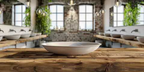 A large room with many sinks and a wooden table