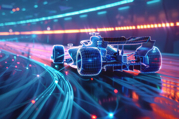 A futuristic race car is speeding down a track - obrazy, fototapety, plakaty