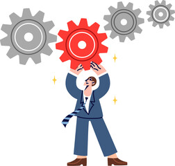 Man manager of manufacturing company replaces damaged gear to restore functionality of mechanism. Guy controlling manufacturing process tracks weak link to increase safety of factory employees