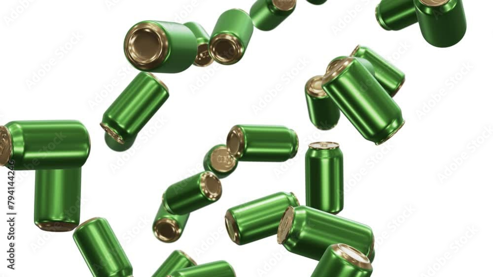 Poster realistic looping 3d animation of the brass green beer cans falling from the top rendered in uhd wit