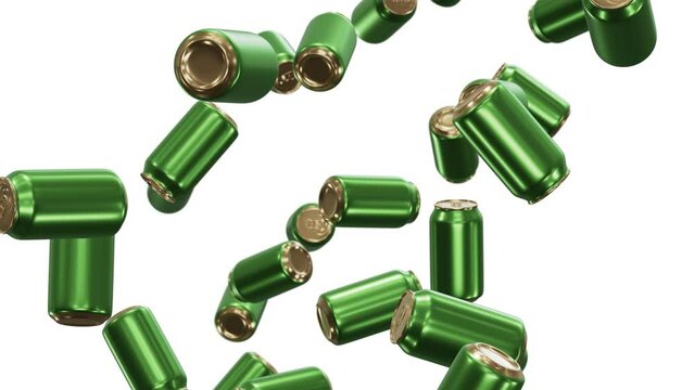 Realistic looping 3D animation of the brass green beer cans falling from the top rendered in UHD with alpha matte