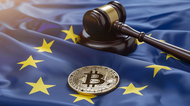Close-up of gavel on EU flag with Bitcoin symbol, illustrating cryptocurrency regulation in the European Union.