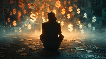A man is sitting on a floor illuminated by a golden rain of dollar signs. - obrazy, fototapety, plakaty