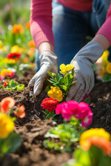 Close-up of a woman planting colorful flowers outdoors, ideal for gardening and spring themes.