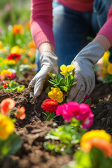 Fototapeta premium Close-up of a woman planting colorful flowers outdoors, ideal for gardening and spring themes.