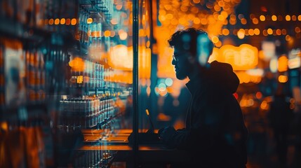 A man looking at a display of colorful lights in a store. - obrazy, fototapety, plakaty