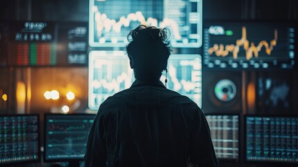A man looking at multiple stock market graphs on a dark background.
