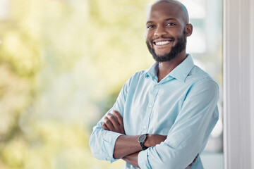 Fototapeta na wymiar Portrait, business and black man with arms crossed, smile and confidence with career ambition, sunshine or cheerful. African person, employee pr consultant with pride for company, summer or happiness