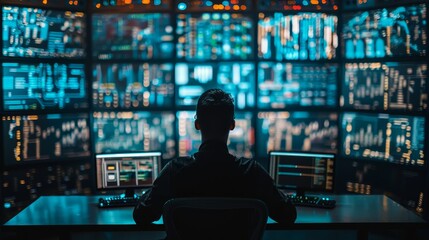 A man sits in front of a large bank of computer monitors, typing furiously on his keyboard. - obrazy, fototapety, plakaty