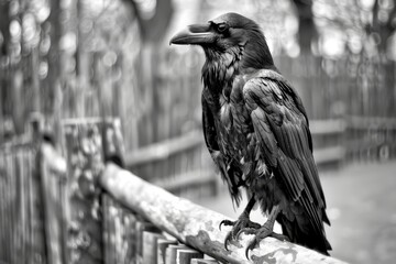 Fototapeta premium a black bird standing on a wooden fence