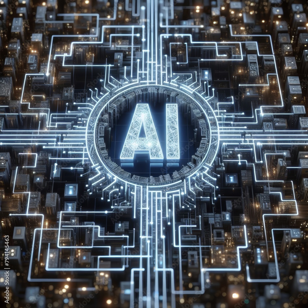 Poster ai symbol in illuminated circuitry network
