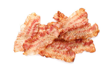 Delicious fried bacon slices isolated on white, top view