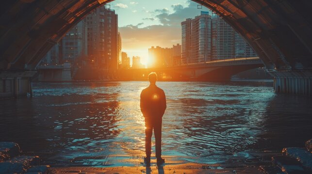 A man standing alone on a bridge at sunset looking out at a river in a big city.