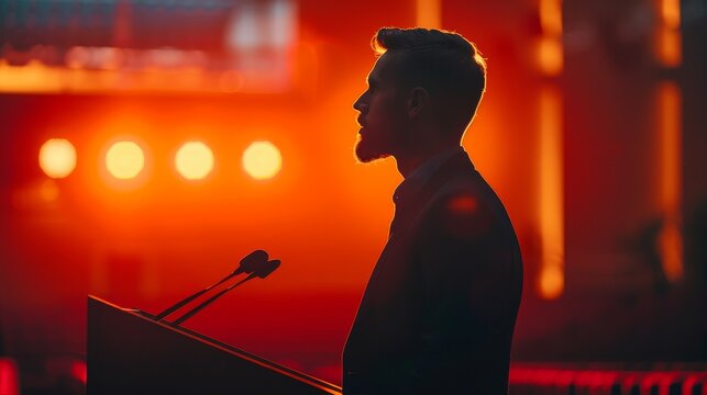 A man standing at a podium giving a speech with a red spotlight on him.
