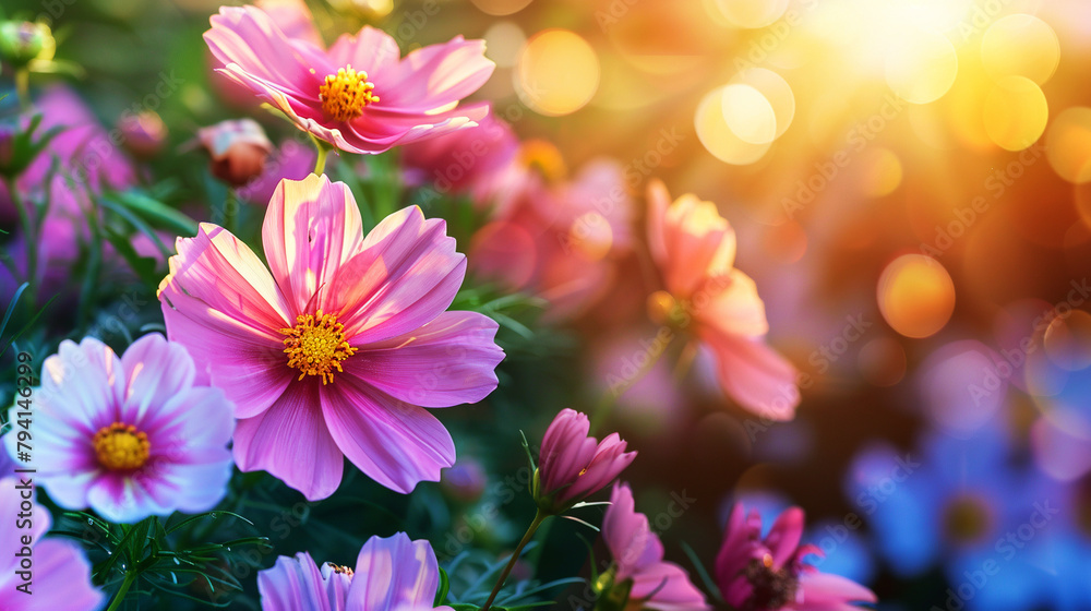 Wall mural beautiful pink cosmos flower on a blurred natural background. copy space.