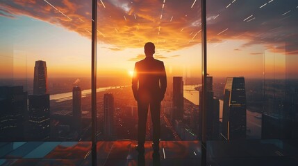 A man standing in a high-rise building overlooking a city at sunset.