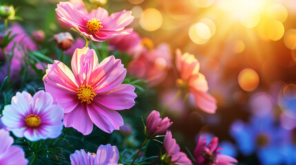 Beautiful pink cosmos flower on a blurred natural background. Copy space.