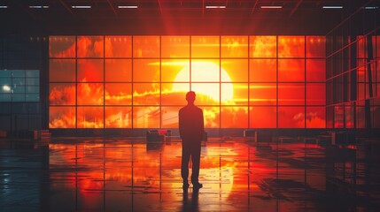 A man standing in a room with a large window looking out at a post apocalyptic sunset.