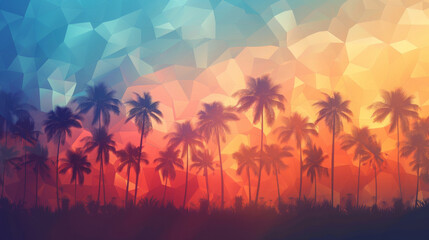 Vibrant tropical sunset with silhouetted palm trees in abstract low poly design