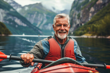 Tranquil Waters: Happy elderly man enjoying kayaking.