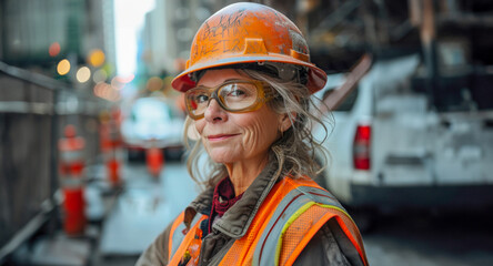 Confident construction worker with hard hat at a construction site