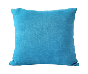 luxury blue pillow in square shape isolated on background with clipping path. rectangular pillow for sleeping and resting, front view. blue soft decoration pillow.