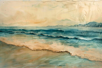 Encaustic Spring and Summer Painting on the Sandy Beach with Waves