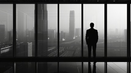 Fototapeta premium A man standing in front of a window looking out at a city.