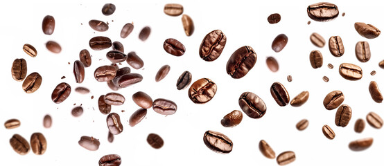 Coffee beans flying on a white background. Isolated falling coffee beans. Flying defocusing coffee grains. Applicable for cafe advertising, packages, menu design.