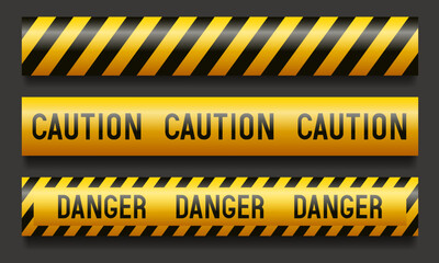 Danger tape set. A ribbon with black and yellow stripes. Vector clipart.