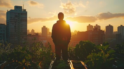 A man standing on a rooftop garden at sunset, looking out at the city. - obrazy, fototapety, plakaty