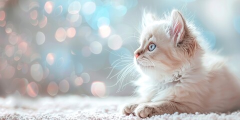 Portrait of a fluffy white kitten with blue eyes against a light bokeh background