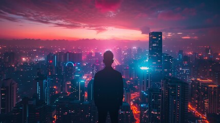 A man standing on a rooftop overlooking a cyberpunk city. - obrazy, fototapety, plakaty