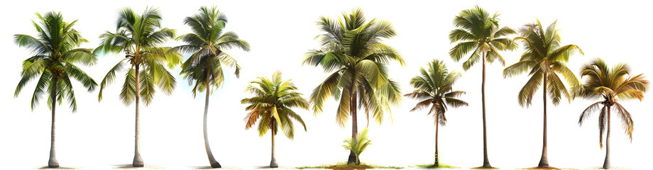 A set of coconut palm trees isolated on a white background, perfect for use in tropical-themed designs and vacation-related imagery.