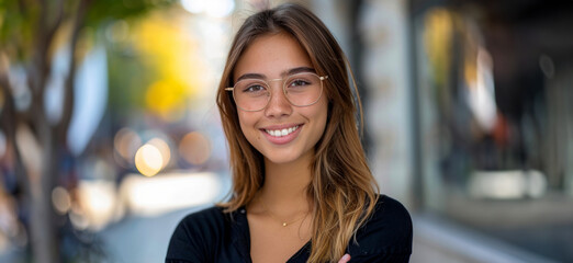 Fototapeta premium Smiling young woman walking confidently in urban setting