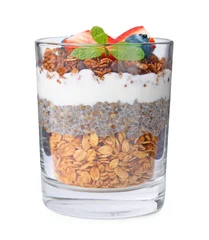 Foto op Aluminium Tasty granola with berries, yogurt and chia seeds in glass isolated on white © New Africa