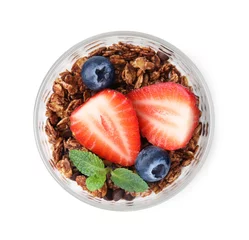 Foto op Aluminium Tasty granola with berries and mint in glass isolated on white, top view © New Africa