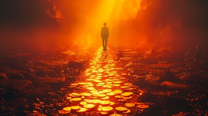 A man walking down a path of gold coins toward a bright light.