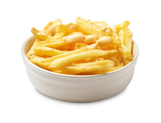 Delicious french fries with cheese sauce in bowl isolated on white