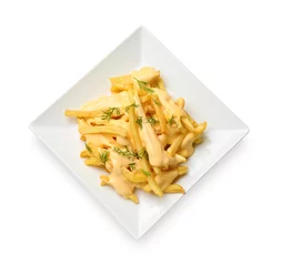Foto op Aluminium Delicious french fries with cheese sauce and dill isolated on white, top view © New Africa